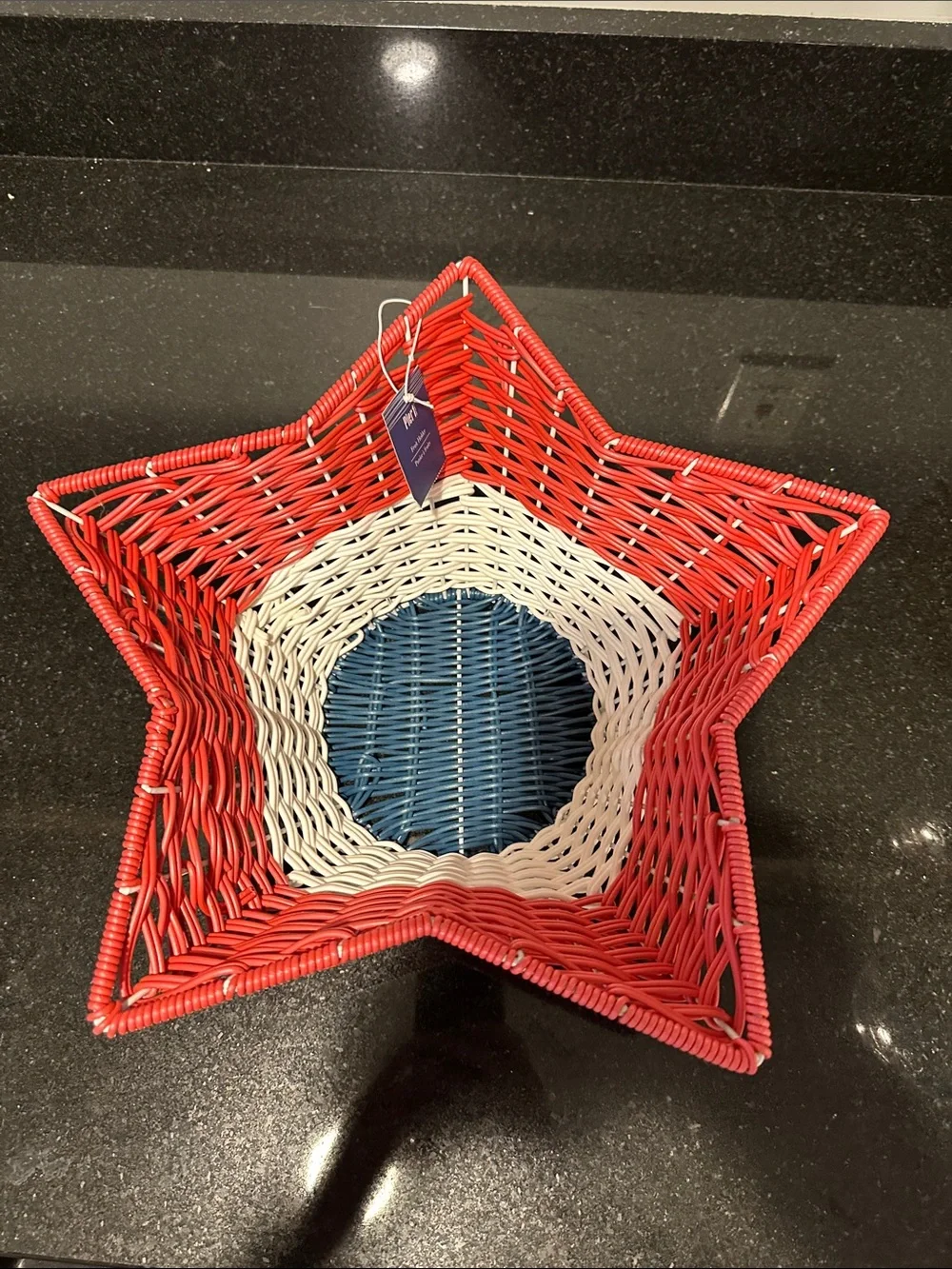 Pier 1 Red, White & Blue Woven Fruit Basket and   Stemless Wine Glasses.